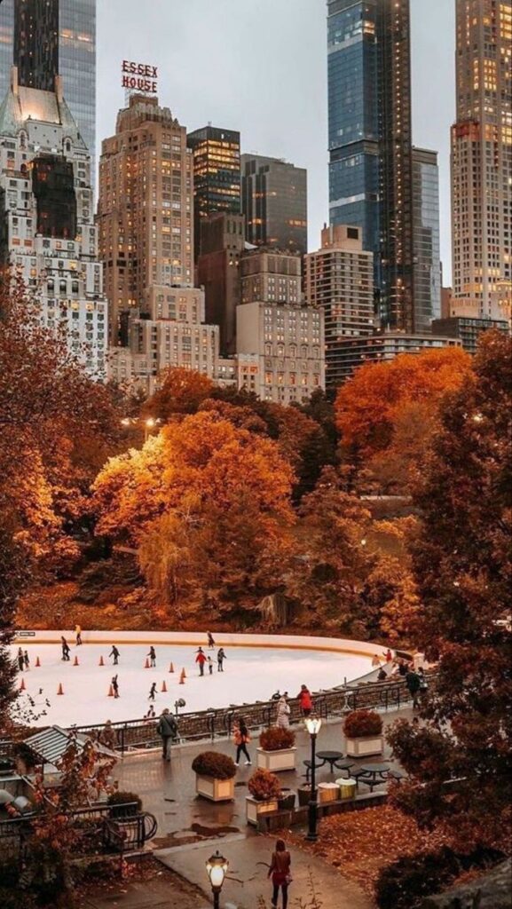 3e5ddfc4-73ba-400c-a2c5-dbcb8d1f43e0 - Handy Home Ice skaters enjoy a crisp autumn day in New York City's Central Park, surrounded by colorful foliage and skyscrapers.