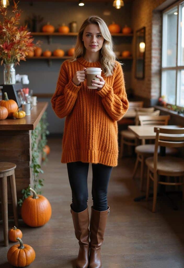 Woman in cozy orange sweater holding coffee, standing in a fall-themed cafe with pumpkins on display.
