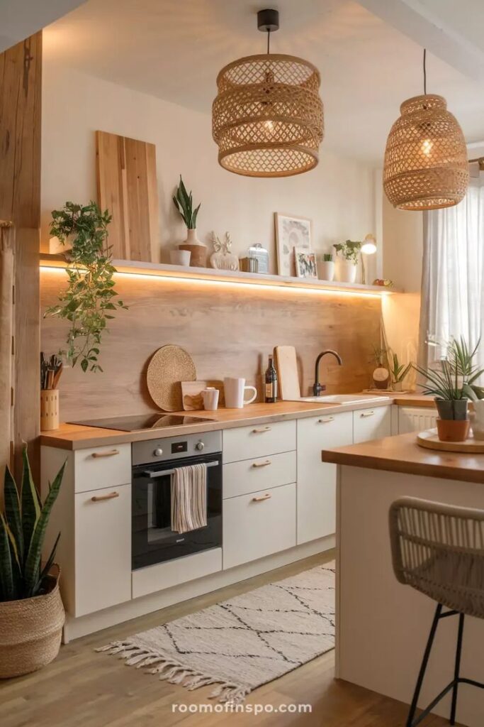 Cozy modern kitchen with wood accents, open shelves, and wicker lighting. Warm, inviting design with plants and natural decor.