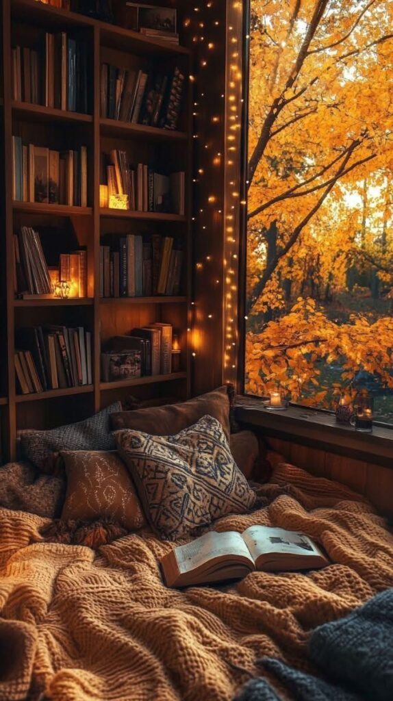 Cozy reading nook with fairy lights, blankets, and open book by a window with autumn leaves outside. Perfect for fall relaxation.