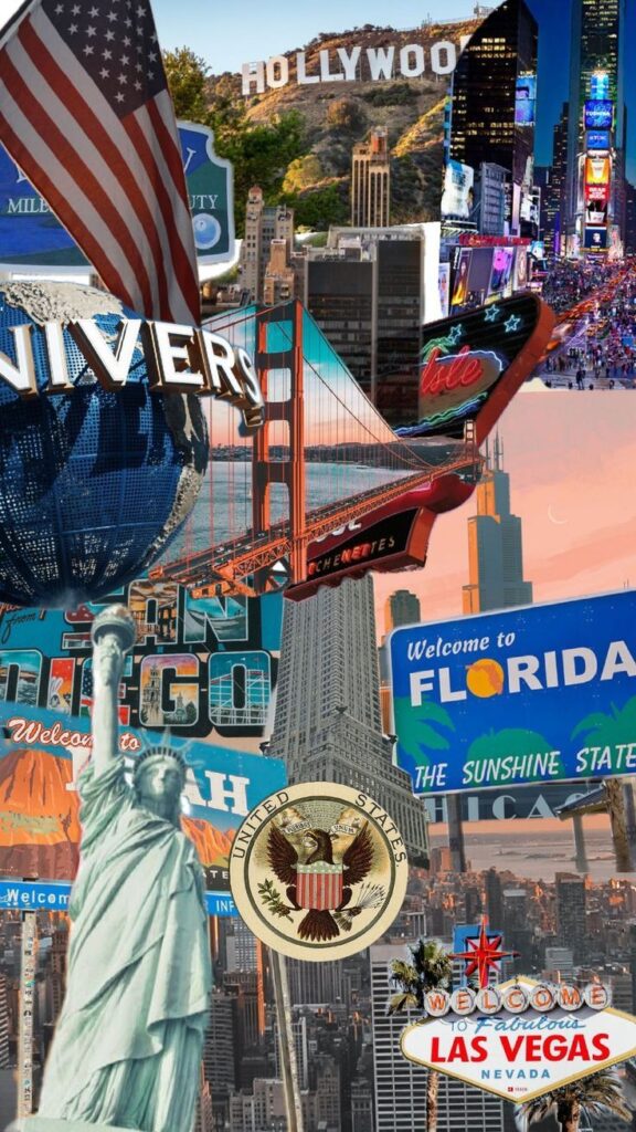 Collage of iconic U.S. landmarks: Hollywood, NYC, Miami, San Francisco. A visual tour of America's famous cities and attractions.