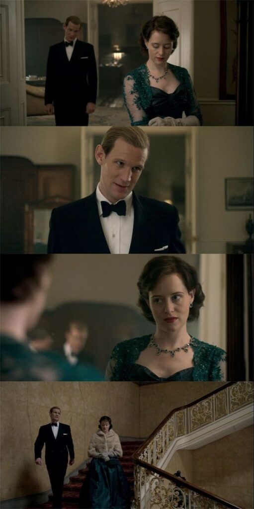 Elegant couple in formal attire, ascending a grand staircase, set in a historic, luxurious ambiance.