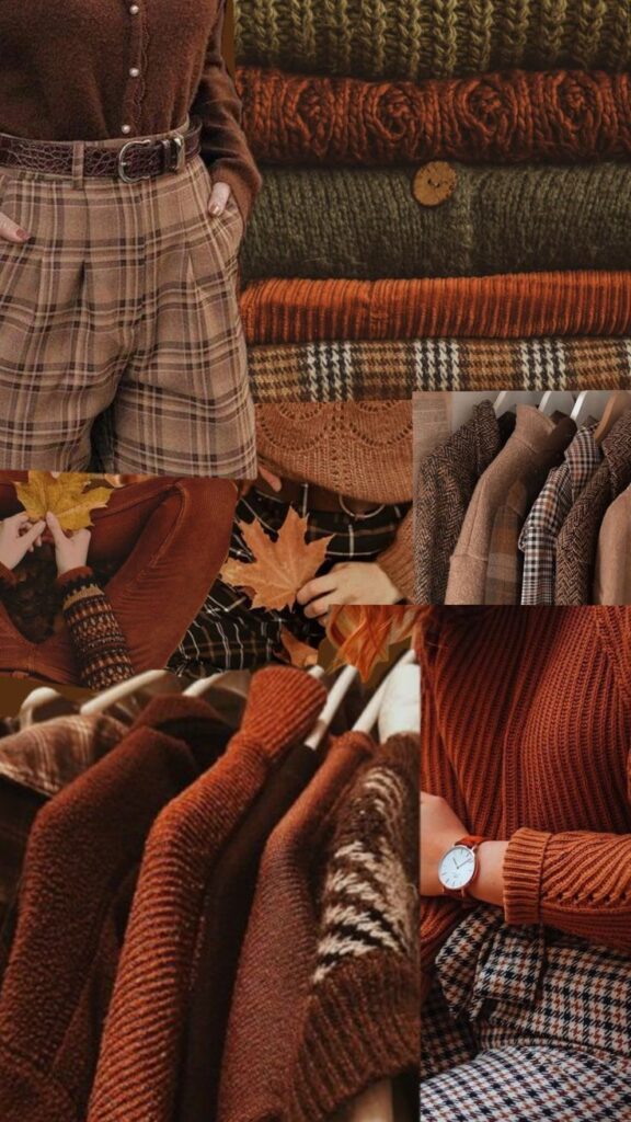 Cozy autumn fashion collage with warm brown tones, knit sweaters, plaid patterns, and fall leaves, perfect for seasonal style inspiration.