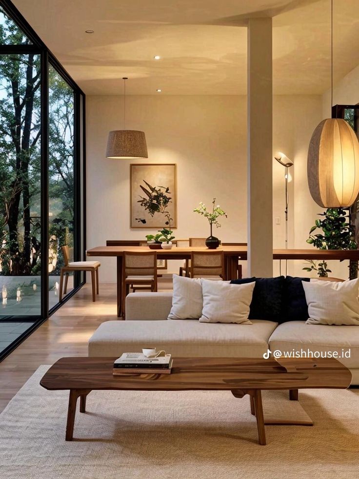 Modern living room with cozy sofa, wooden coffee table, and elegant dining area. Large windows offer a scenic outdoor view.