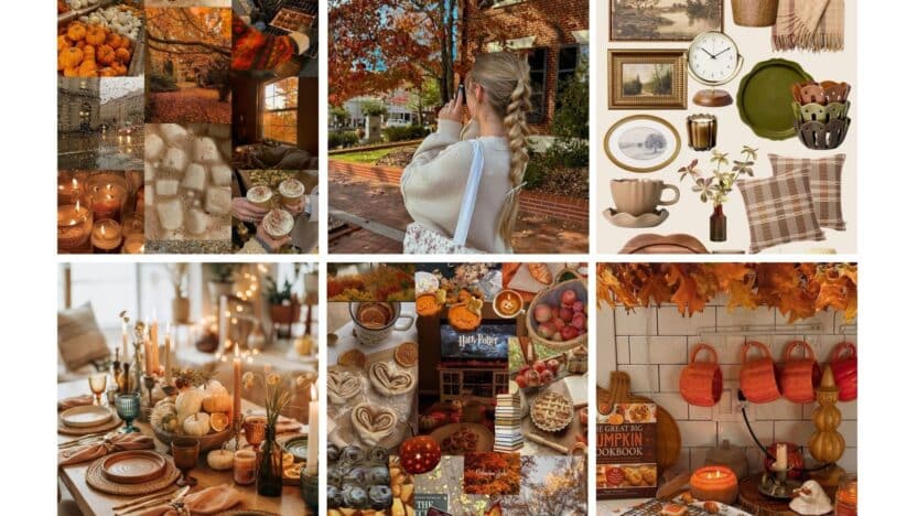 Autumn collage featuring cozy home decor, pumpkins, warm beverages, and seasonal foliage, creating a comforting fall atmosphere.