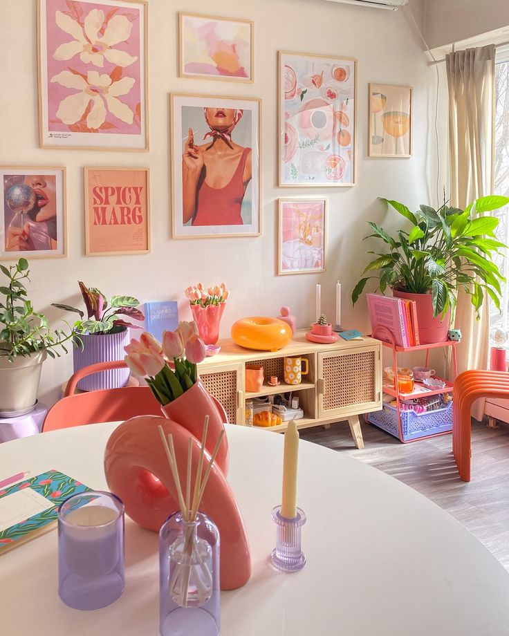 Colorful modern living room with vibrant decor, wall art, and plants. Stylish and bright interior design for creative inspiration.