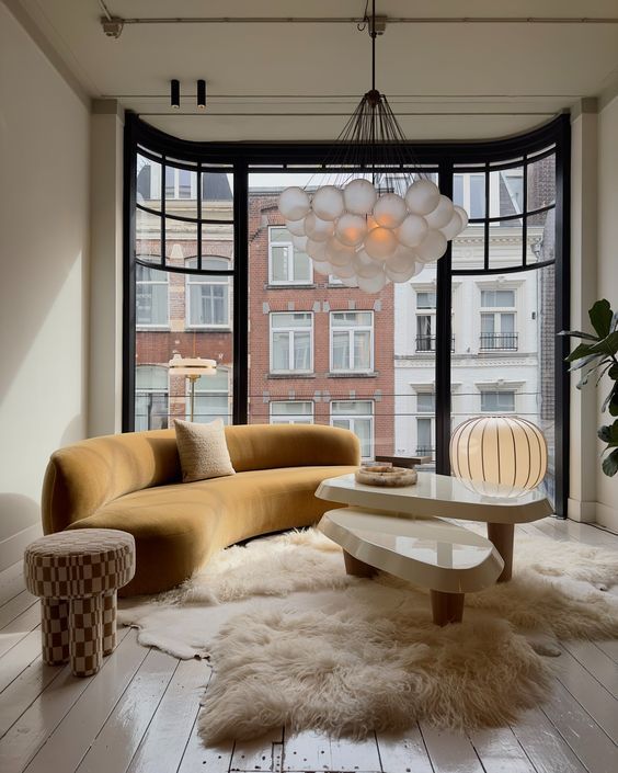 Modern living room with curved mustard sofa, fluffy rug, and large window overlooking city buildings. Cozy, stylish interior decor.