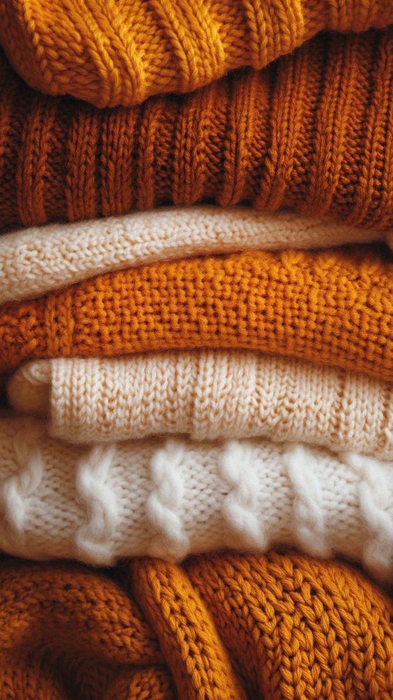 Stack of cozy orange and cream knitted sweaters showcasing autumn fashion and warm textures for fall wardrobe inspiration.
