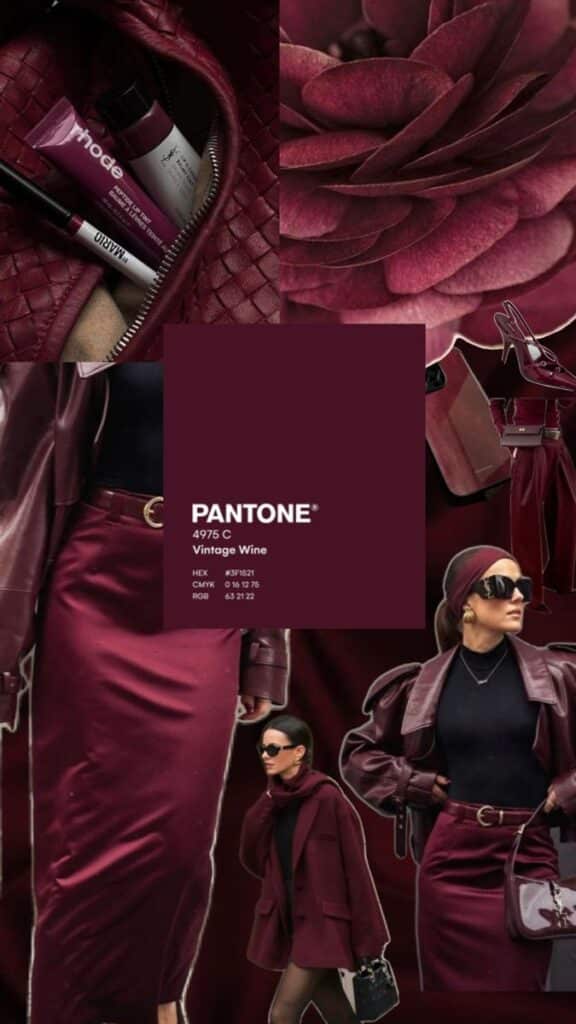 Collage showcasing Pantone 4975 C Vintage Wine. Features fashion items and cosmetics in rich wine and burgundy tones.