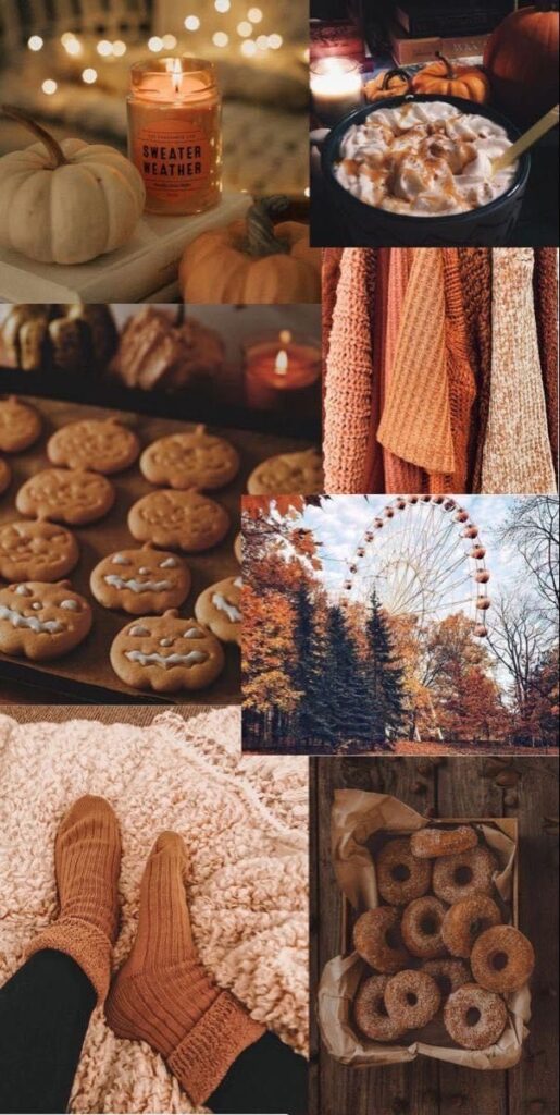 Cozy autumn vibes with candles, pumpkins, sweaters, cookies, and a Ferris wheel amid fall foliage. Warm, festive atmosphere.