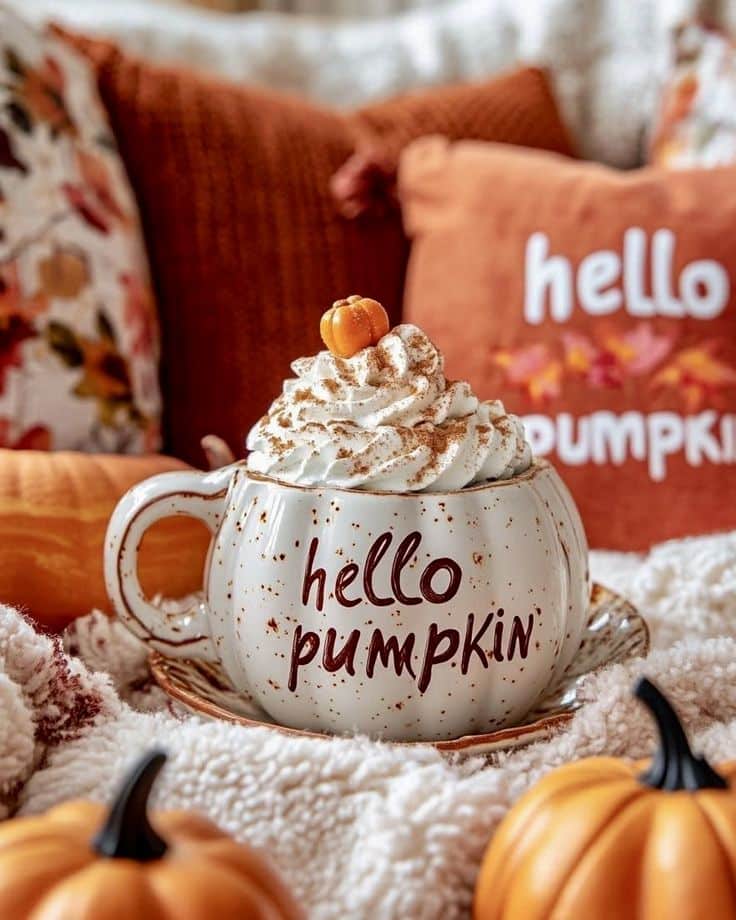 Cozy autumn setup with pumpkin spice latte in a hello pumpkin mug, surrounded by orange pillows and mini pumpkins.