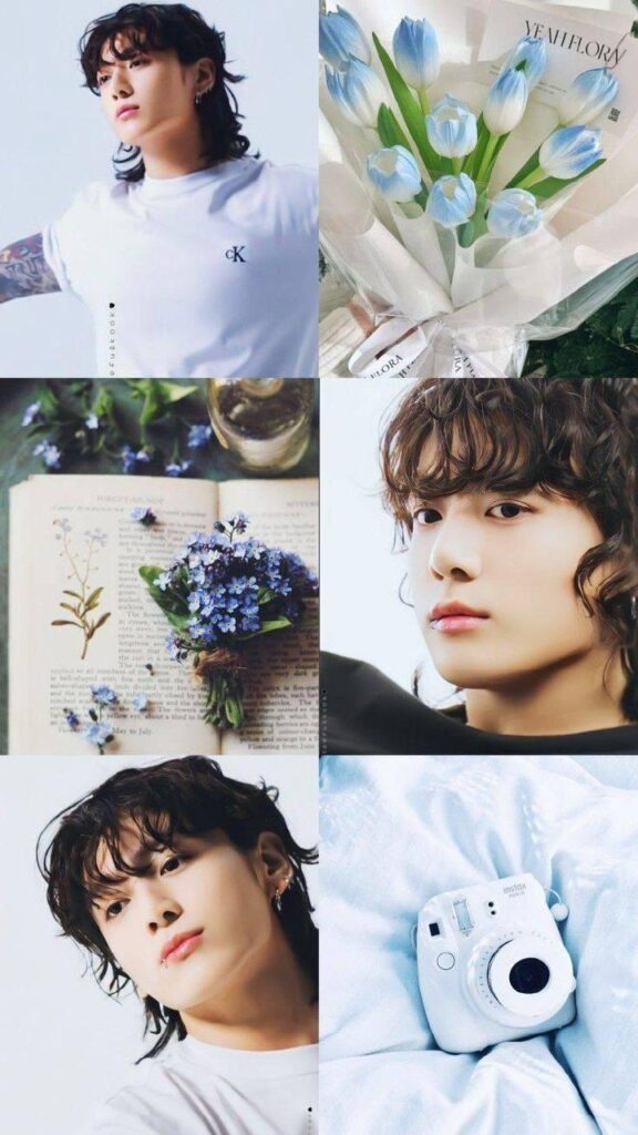 Collage of a person in white, blue tulips, a vintage book with flowers, and a white instant camera on a soft blanket.