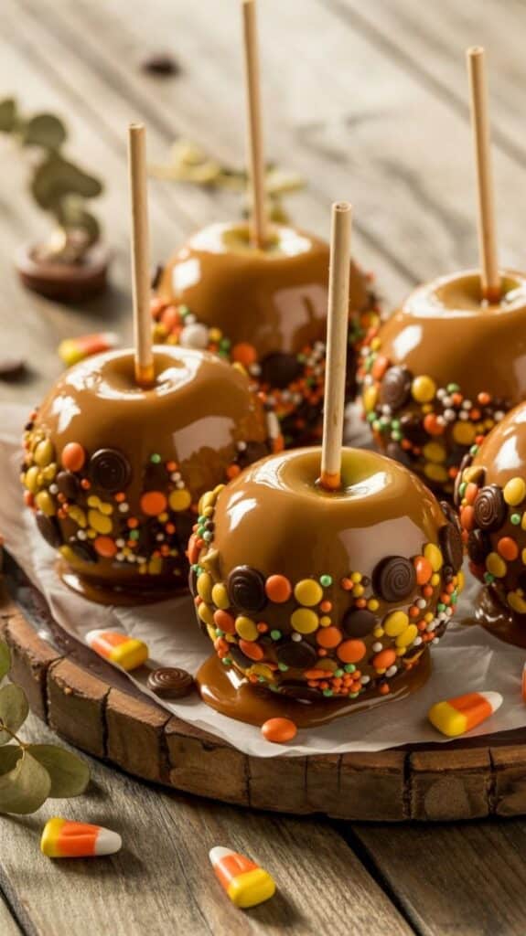 Caramel apples with colorful candy coating on a rustic wooden table, perfect for a festive fall or Halloween treat.