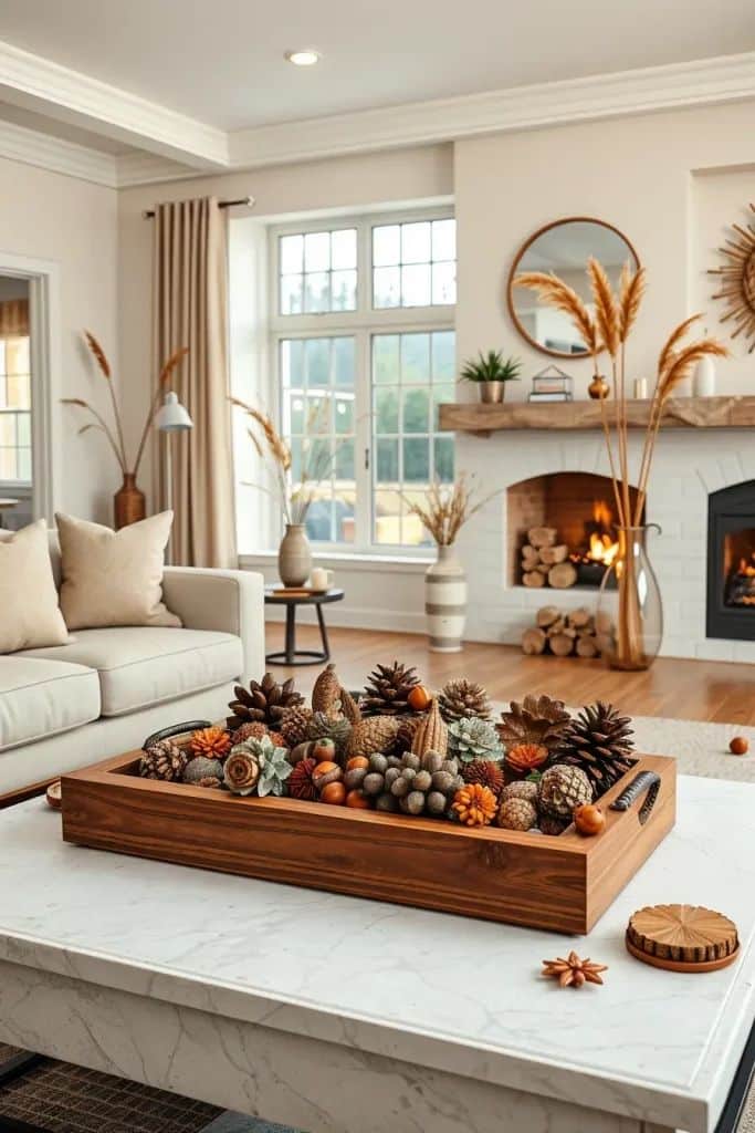 Cozy living room with autumn decor, featuring a fireplace and wooden tray centerpiece on a marble table. Warm and inviting ambiance.