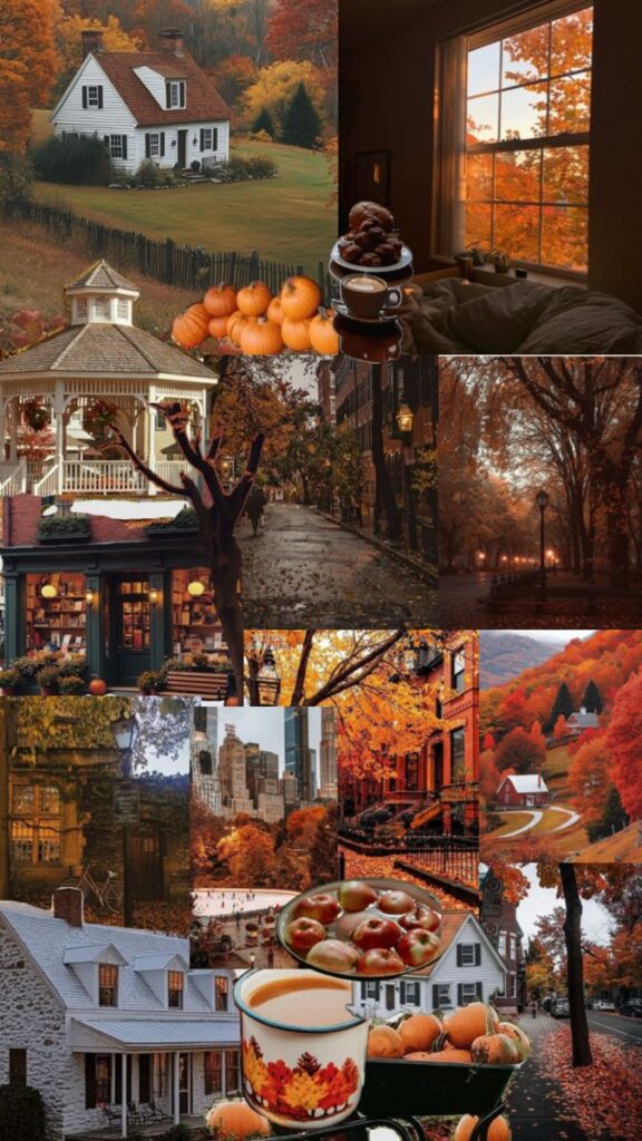Cozy autumn collage with scenic fall landscapes, pumpkins, rustic houses, and warm beverages, capturing the essence of the season.