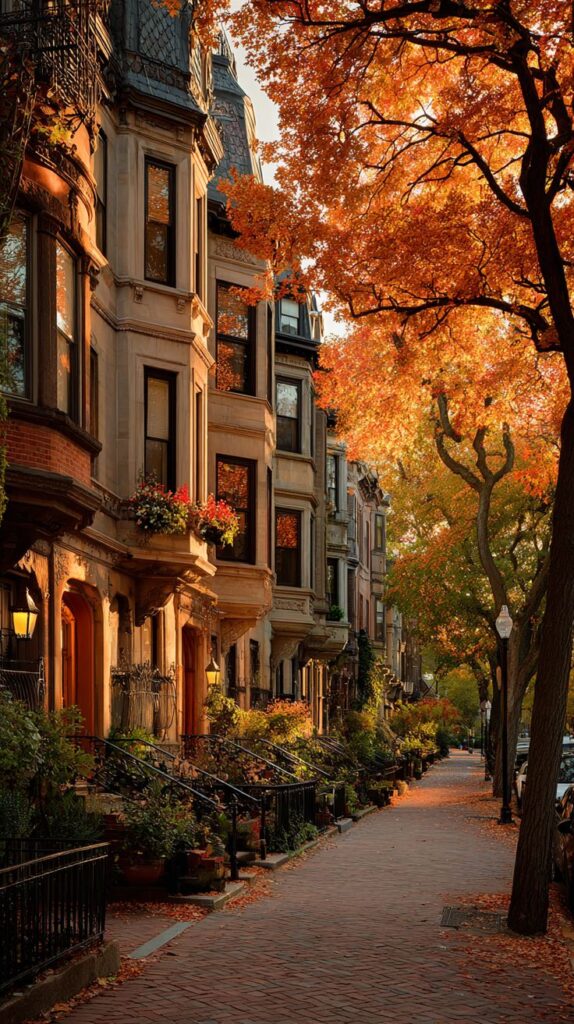 Autumn cityscape with historic brownstones and vibrant orange foliage lining a peaceful brick sidewalk.