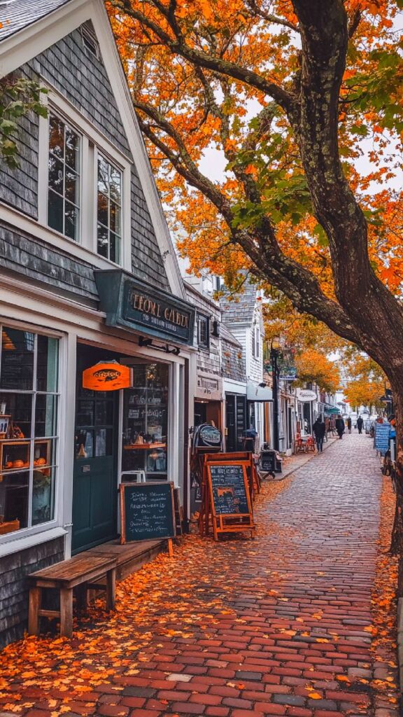 Charming fall scene on a cobblestone street with rustic shops and vibrant autumn foliage. Perfect for seasonal travel inspiration.