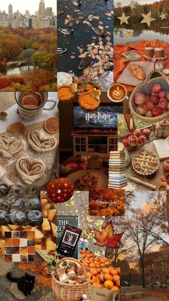 Autumn collage with colorful leaves, cozy foods, fall activities, and seasonal decor creating a warm, festive atmosphere.