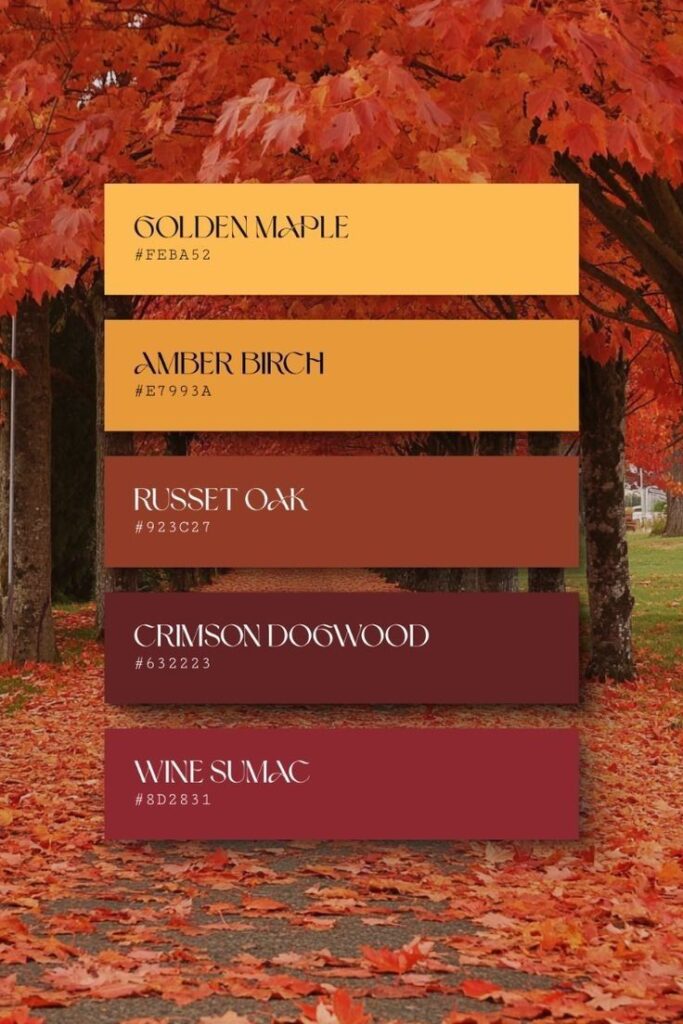 Autumn walkway with vibrant fall leaves in color palette: Golden Maple, Amber Birch, Russet Oak, Crimson Dogwood, Wine Sumac.