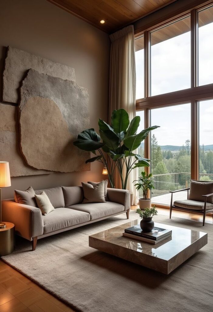 Modern living room with large windows, gray sofa, indoor plants, and natural light. Warm, cozy decor with stone wall art.