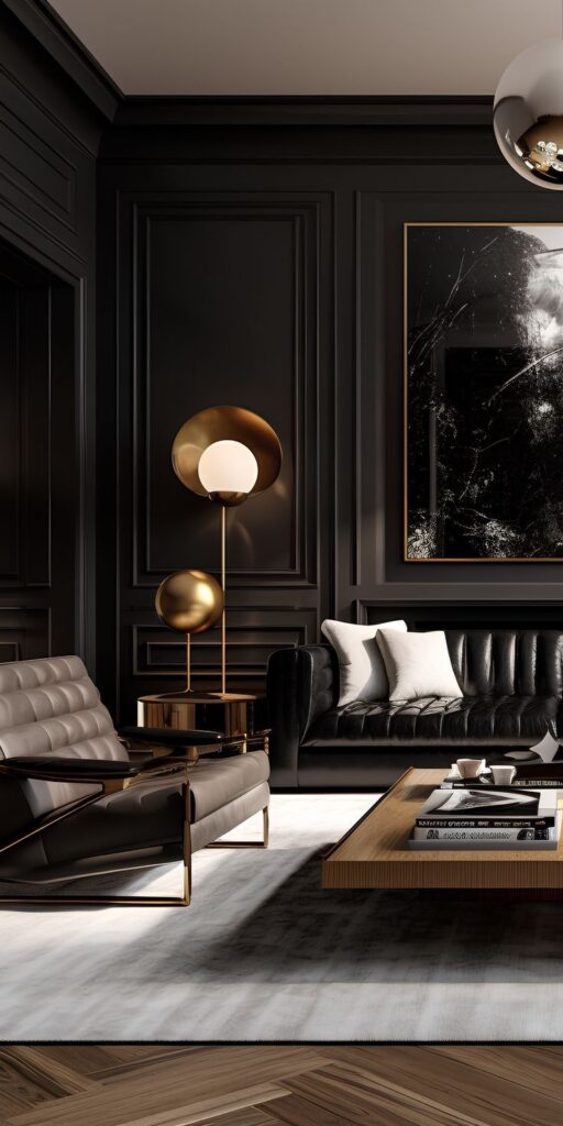 Luxurious modern living room with black leather furniture, gold accents, and elegant lighting on a white rug and dark walls.