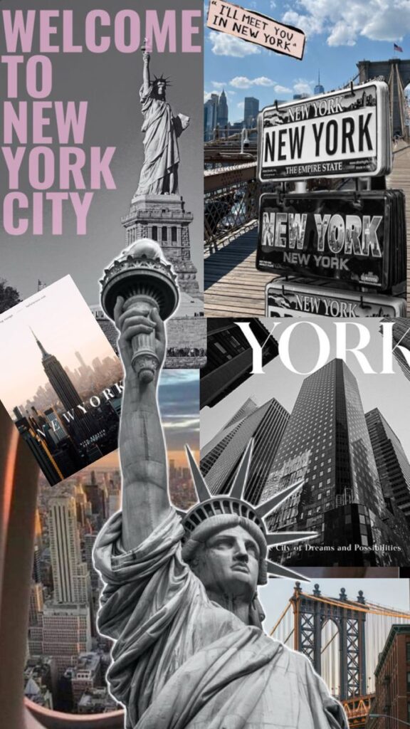 Collage of iconic New York City landmarks: Statue of Liberty, skyline, and bridges showcasing vibrant city life and architecture.
