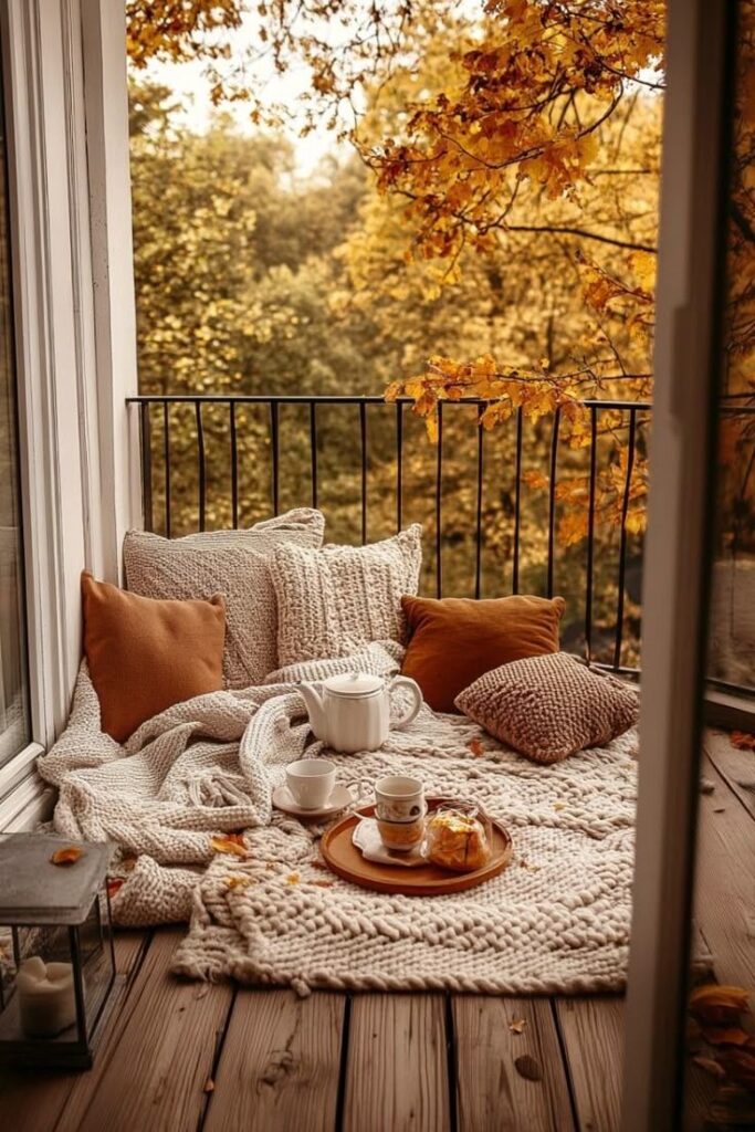 Cozy autumn balcony scene with soft pillows, a warm blanket, and a tea set surrounded by vibrant fall leaves. Perfect for relaxation.