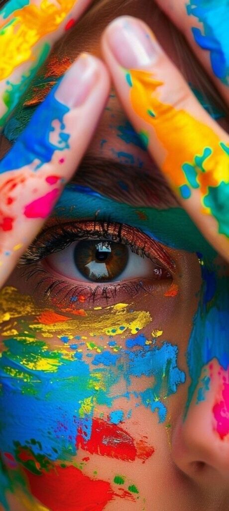 Close-up of a colorful face with vibrant paint, showcasing a creative eye framed by rainbow hues and artistic splatters.