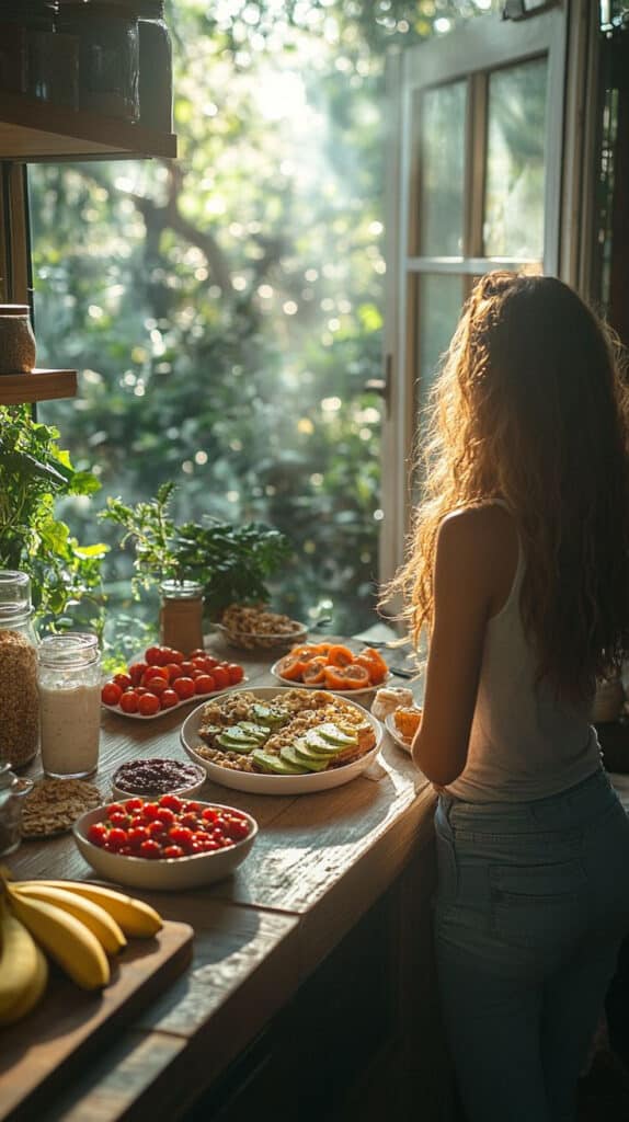 Woman preparing a healthy breakfast with fruits and grains by a sunny kitchen window, surrounded by green plants and natural light.