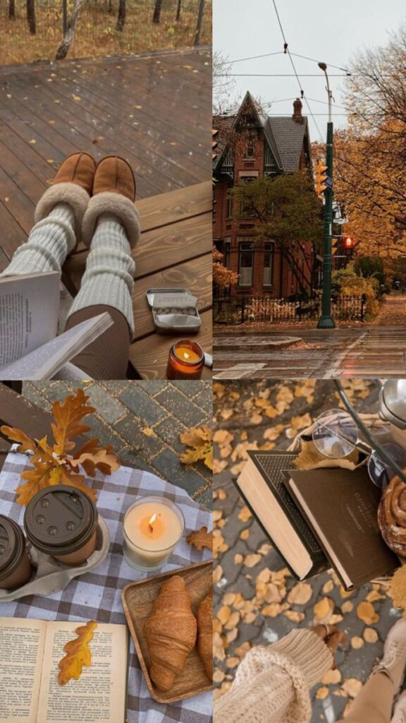 Cozy autumn vibes: reading, warm socks, candles, coffee, croissants, and fall leaves in a serene setting. Perfect for a chilly day.