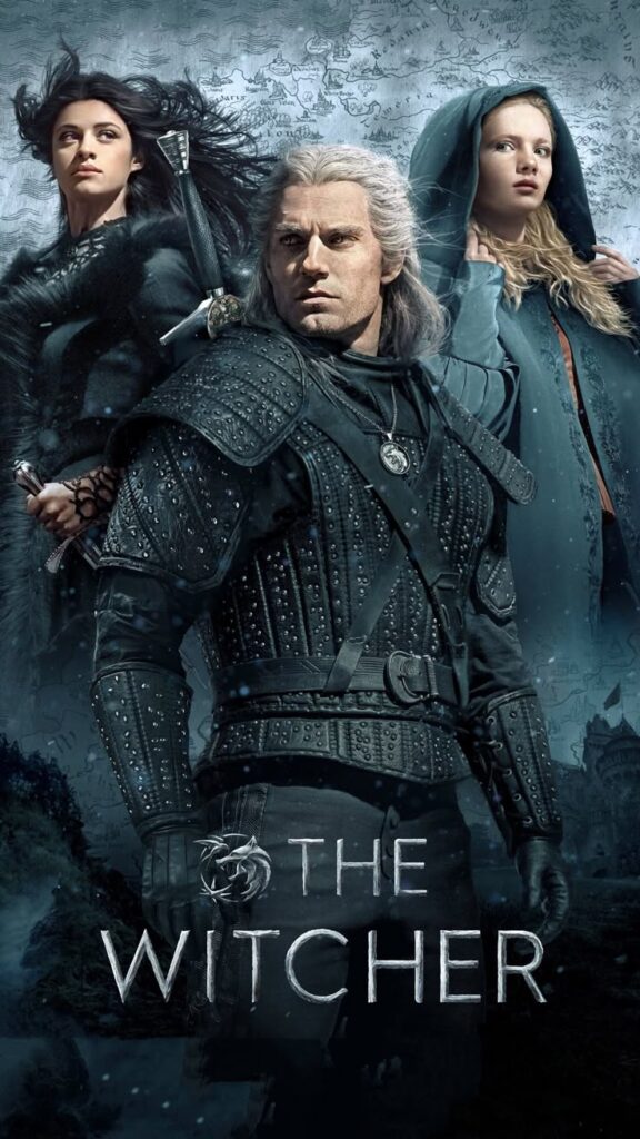 Fantasy characters in armor and cloak stand against a mystical map, promoting The Witcher series.
