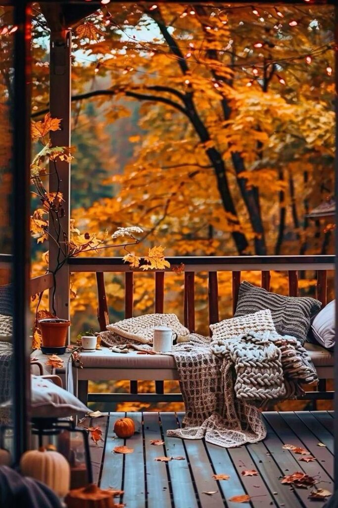 Cozy autumn porch with warm blankets, a mug, and pumpkins surrounded by vibrant fall foliage. Perfect spot for relaxation.