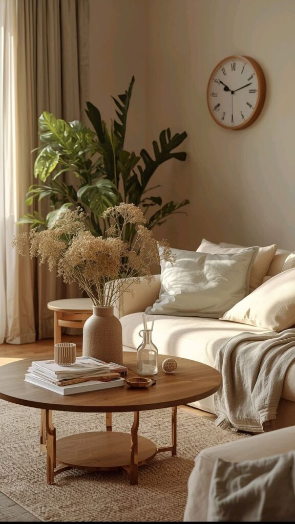 Cozy living room with a beige sofa, wooden coffee table, potted plants, and wall clock, basking in natural sunlight.
