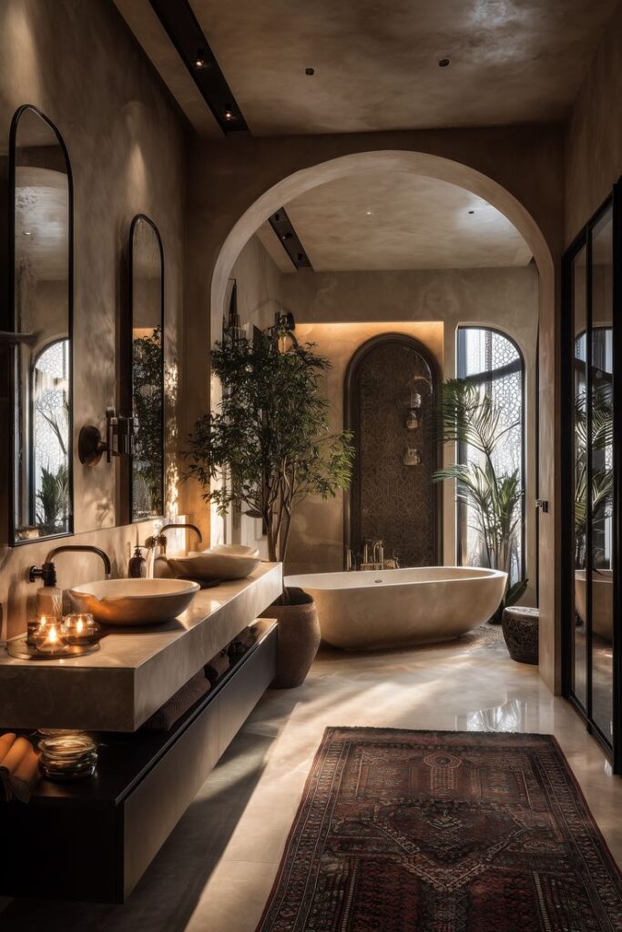 Luxurious bathroom with freestanding tub, double sinks, and elegant decor. Warm lighting and plants enhance the serene ambiance.