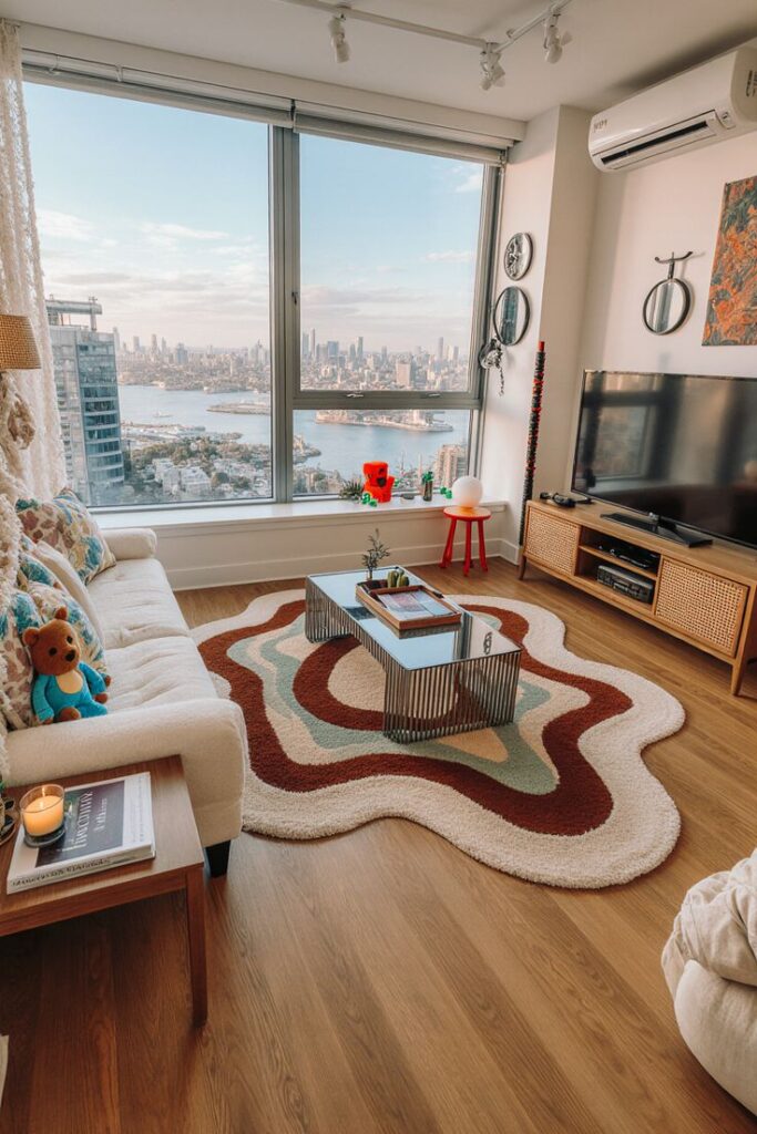 Stylish living room with retro decor, vibrant rug, large window view of city skyline, cozy sofa, and modern TV setup.