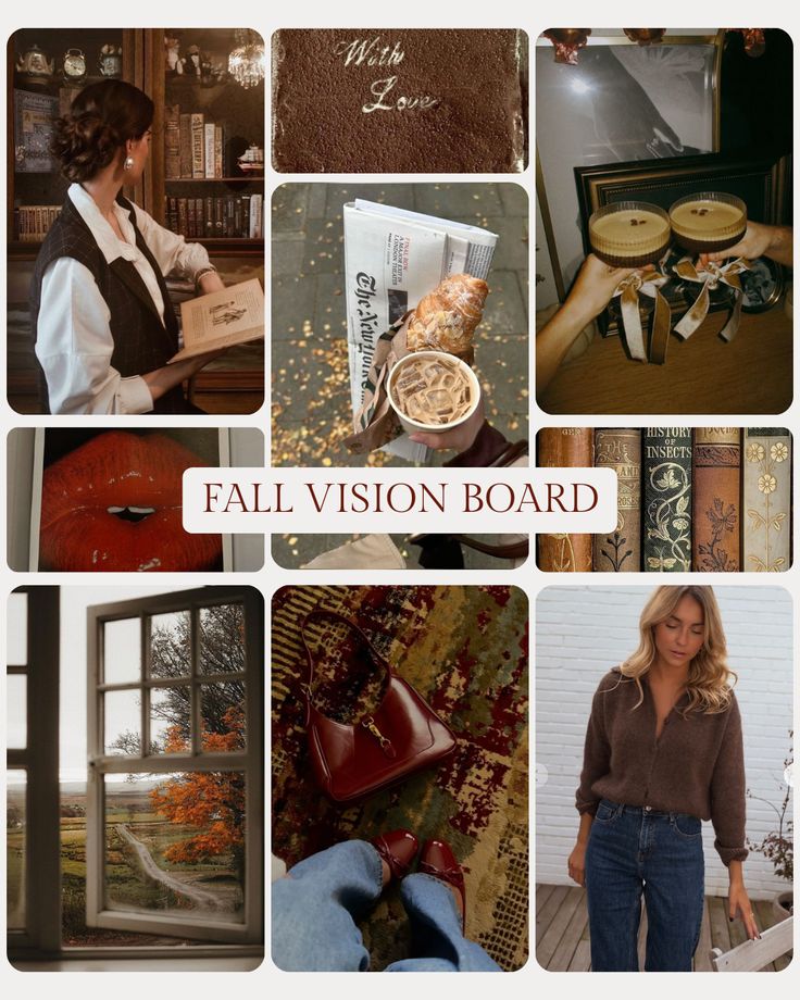 Fall vision board collage: cozy style, books, coffee, autumn leaves, warm clothing, vintage decor. Embrace the autumn aesthetic.