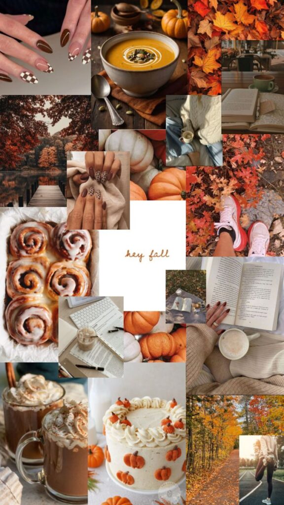 Collage of autumn scenes: pumpkins, foliage, cozy drinks, fall fashion, and the text hey fall celebrating the autumn season.