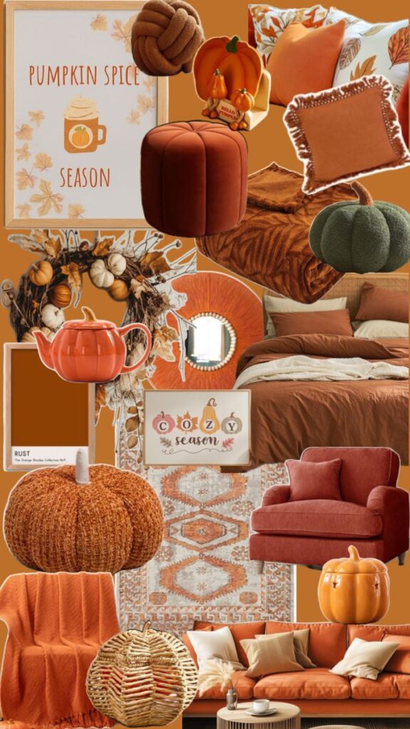 Autumn-themed decor collage with pumpkin spice, cozy pillows, and warm orange hues for seasonal home inspiration.