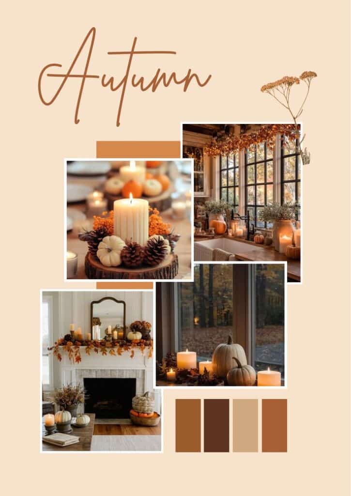 Cozy autumn decor with candles, pumpkins, and pinecones, perfect for fall ambiance. Warm tones and festive touches enhance any space.