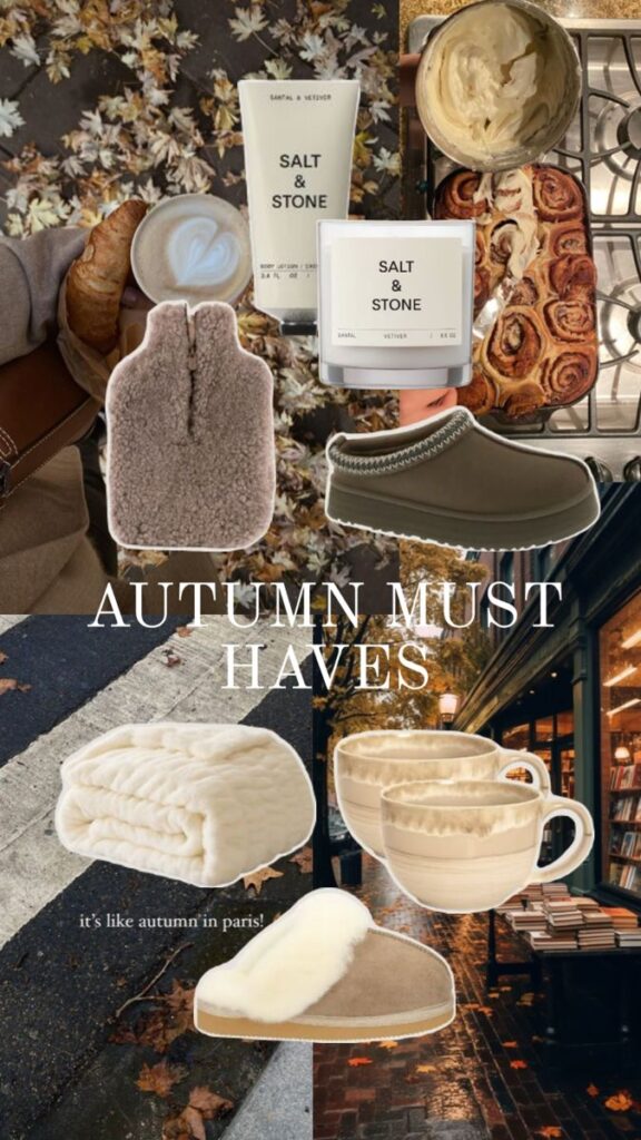 Autumn essentials collage: cozy slippers, warm blanket, bakery, coffee, skincare products. Perfect for fall vibes and comfort.