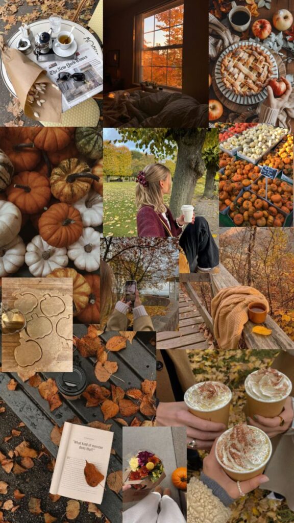 Autumn collage featuring cozy coffee moments, pumpkins, autumn leaves, and scenic views for a warm fall vibe.