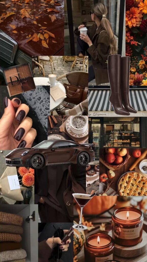 Autumn mood board featuring brown tones, cozy fashion, coffee, fall leaves, candles, and seasonal decorations. Perfect for fall inspiration.