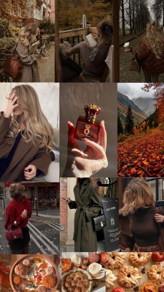 Autumn aesthetic collage: cozy fashion, scenic landscapes, perfume, and seasonal treats with warm and earthy tones. 🍁🍂🎃