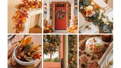 Collage of fall decorations: autumn leaves, pumpkins, wreaths, and festive table settings. Cozy, seasonal home decor inspiration.