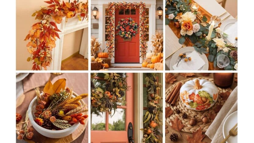 Collage of fall decorations: autumn leaves, pumpkins, wreaths, and festive table settings. Cozy, seasonal home decor inspiration.
