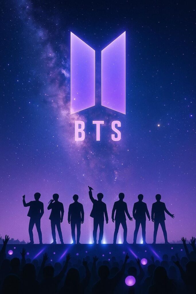 Silhouetted group performing under a starry sky with the BTS logo shining brightly, capturing the energy of a live concert.