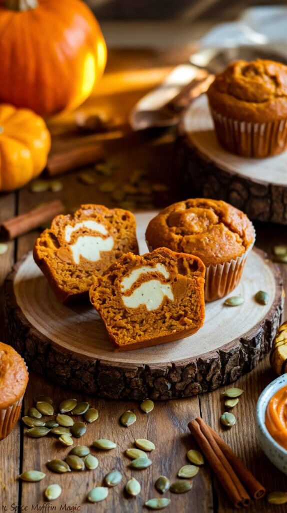 Pumpkin spice muffins with creamy filling on wooden slab, surrounded by pumpkins, seeds, and cinnamon sticks, capturing autumn vibes.
