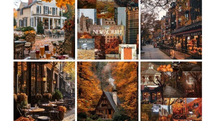 Collage of cozy autumn scenes with cafes, colorful leaves, and quaint streets, capturing the essence of fall in charming settings.