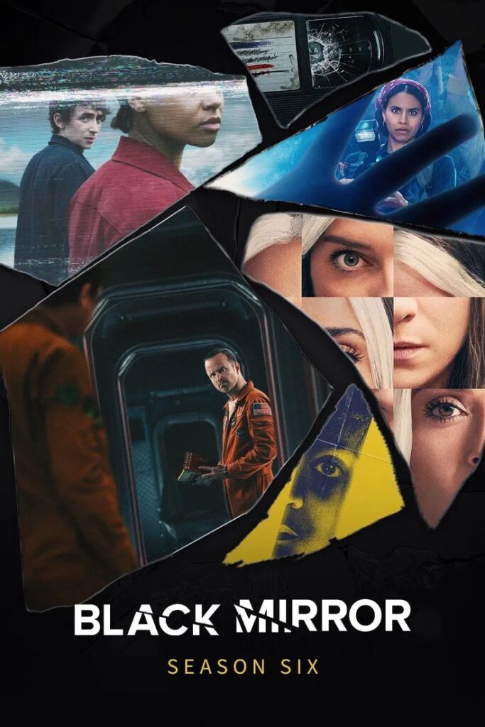 Collage of scenes from Black Mirror Season 6, featuring diverse characters in suspenseful, dystopian settings.