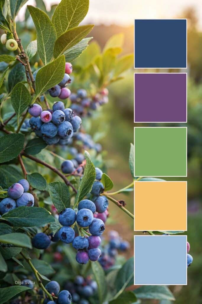 Ripe blueberries on a bush with a complementary color palette of blue, purple, green, yellow, and light blue.